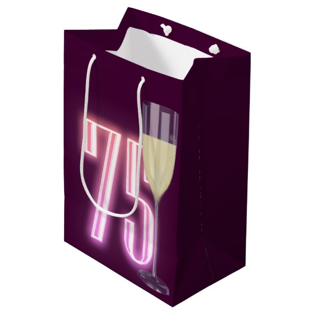 75th Birthday Neon Sign with Wine  Medium Gift Bag (Front Angled)