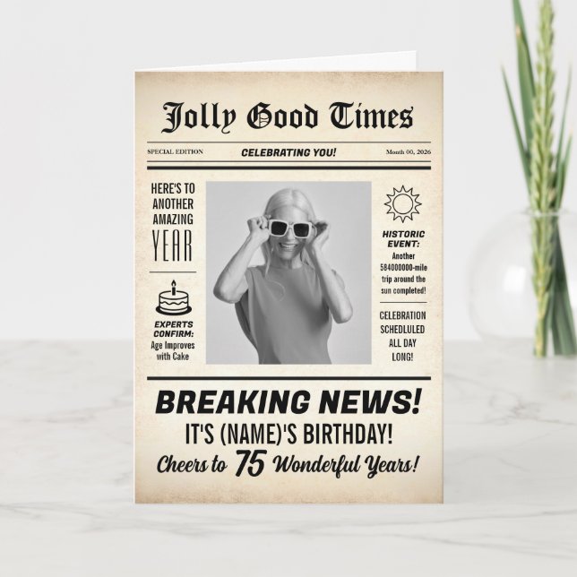 75th Birthday Newspaper, Add Photo, Personalized Card (Front)