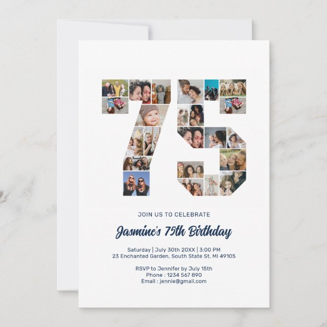 75th Birthday Number 75 Custom Photo Collage Invitation (Front)