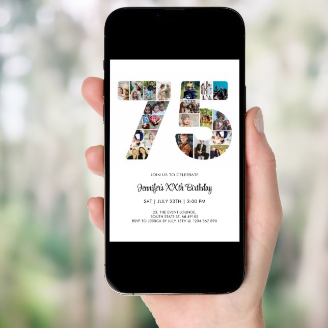 75th Birthday Number 75 Custom Photo Collage Invitation (Front Digital)