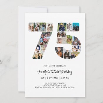 75th Birthday Number 75 Custom Photo Collage Invitation by raindwops at Zazzle