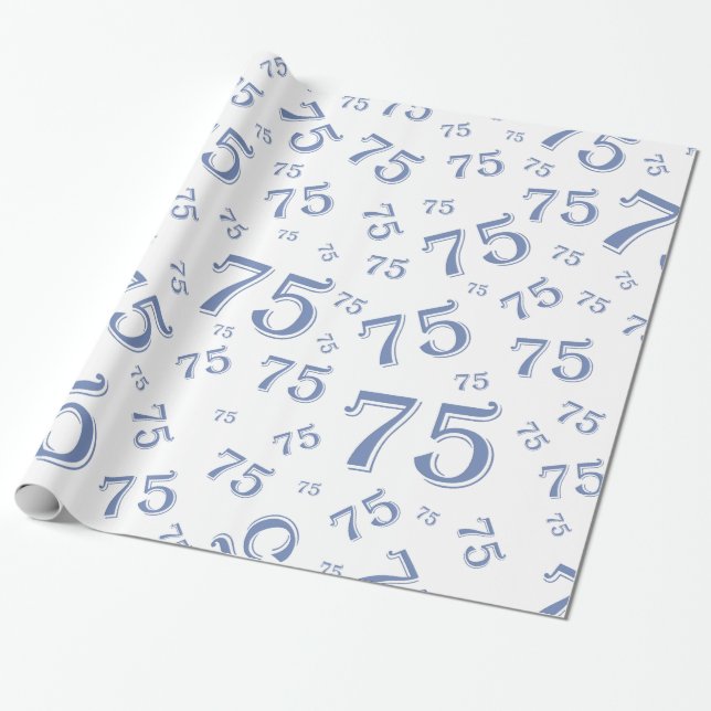 75th Birthday Number Pattern 75 Blue and White Wrapping Paper (Unrolled)