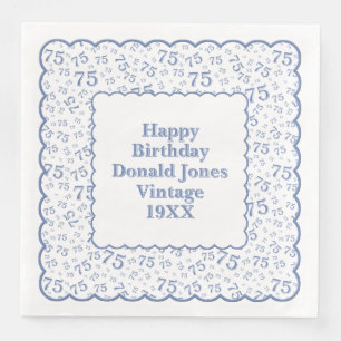 75th Birthday Number Pattern Scallops Blue/White Paper Dinner Napkins