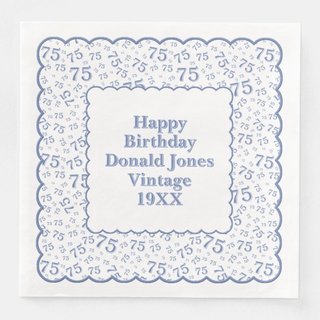 75th Birthday Number Pattern Scallops Blue/White Paper Dinner Napkins (Front)