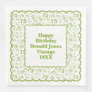 75th Birthday Number Pattern Scallops Green/White Paper Dinner Napkins