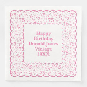 75th Birthday Number Pattern Scallops Pink/White Paper Dinner Napkins