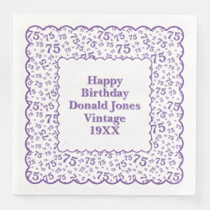 75th Birthday Number Pattern Scallops Purple/White Paper Dinner Napkins
