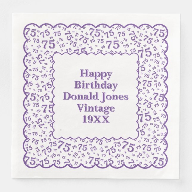 75th Birthday Number Pattern Scallops Purple/White Paper Dinner Napkins (Front)