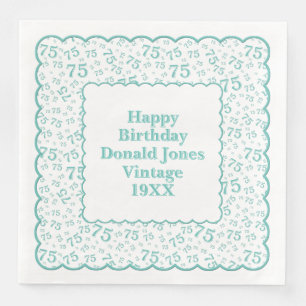 75th Birthday Number Pattern Scallops Teal/White Paper Dinner Napkins