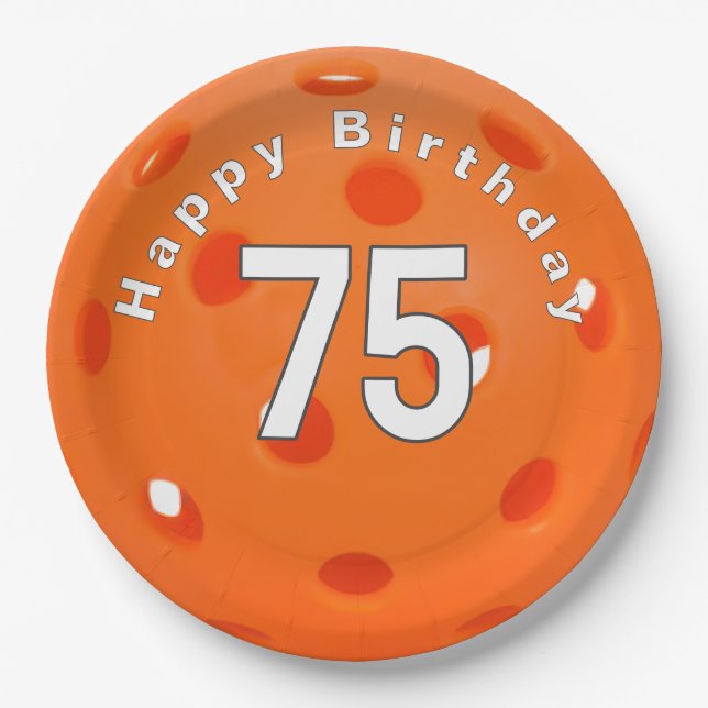 75th Birthday Orange Pickleball Paper Plates (Front)