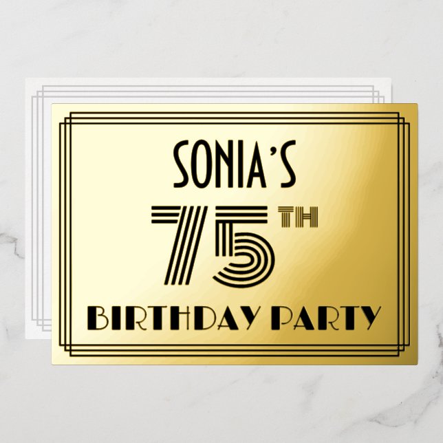 75th Birthday Party — Art Deco Style “75” & Name Foil Invitation (Front/Back)