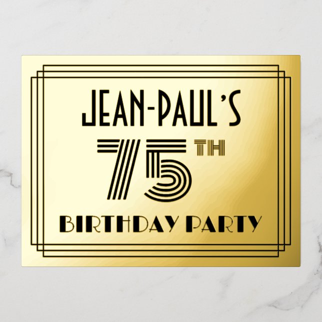75th Birthday Party ~ Art Deco Style “75” + Name Foil Invitation Postcard (Front)