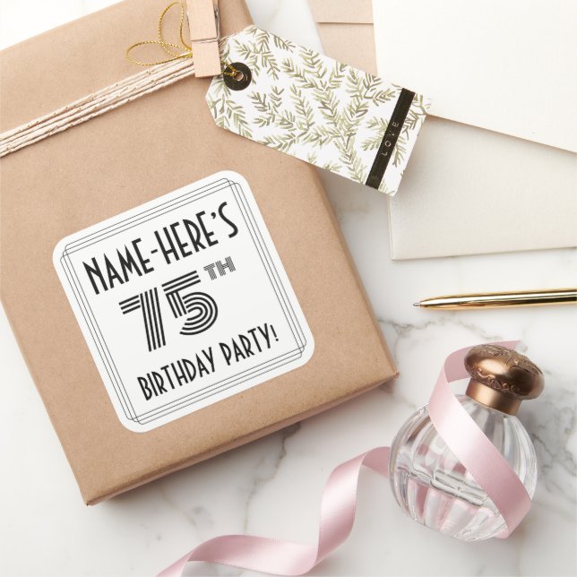 75th Birthday Party: Art Deco Style + Custom Name Square Sticker (Gifting)