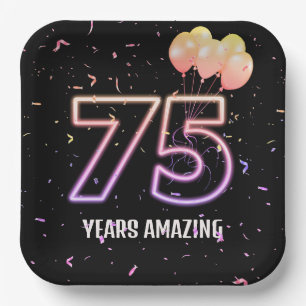 75th Birthday Party Balloons and Confetti Paper Plates