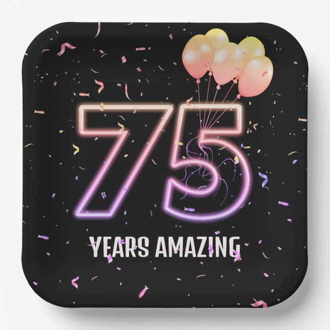 75th Birthday Party Balloons and Confetti Paper Plates (Front)