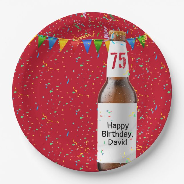 75th Birthday Party Beer Bottle Paper Plate (Front)