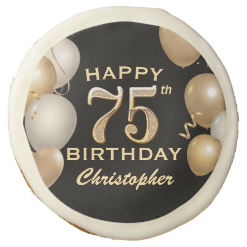 75th Birthday Party Black and Gold Balloons Sugar Cookie