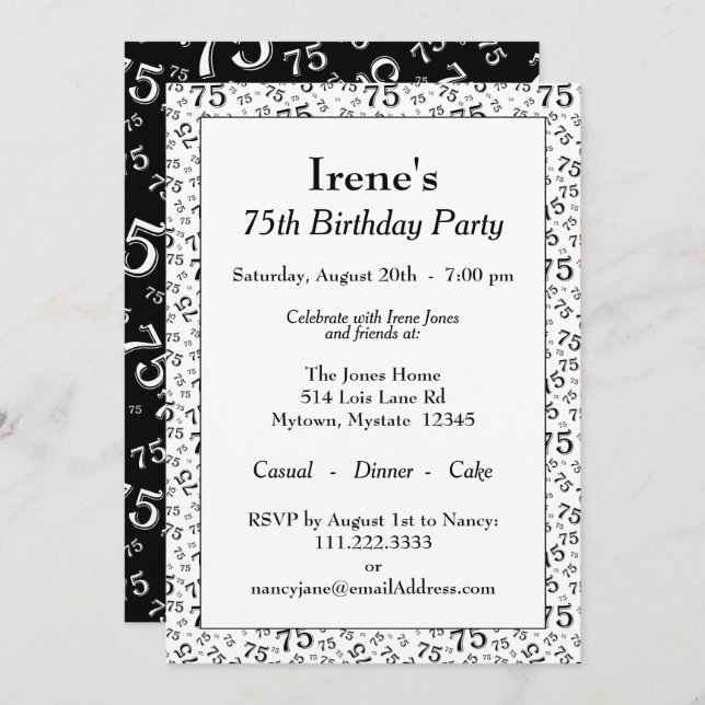 75th Birthday Party Black and White Number Pattern Invitation (Front/Back)