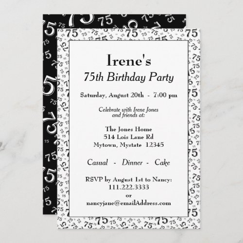 75th Birthday Party Black and White Number Pattern Invitation