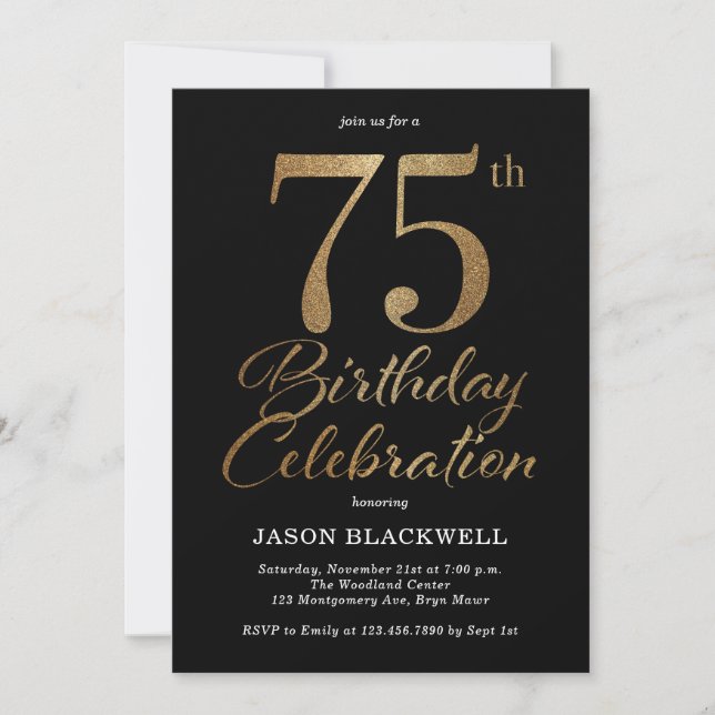 75th Birthday Party Black & Gold Invitation (Front)