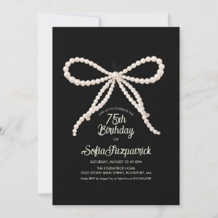 75th Birthday Party Black White Pearl Bow Invitation