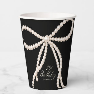 75th Birthday Party Black White Pearl Bow Large Paper Cups