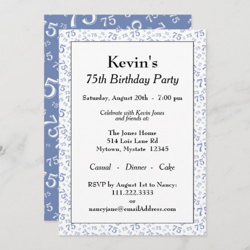 75th Birthday Party Blue and White Number Pattern Invitation