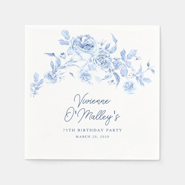 75th Birthday Party Blue Rose Floral Custom Napkins (Front)