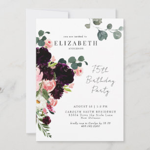 75th Birthday Party Blush & Burgundy Floral Invitation