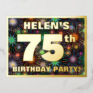 75th Birthday Party: Bold, Colorful Fireworks Look Foil Invitation Postcard