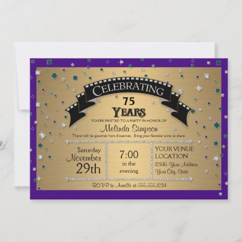 75th Birthday Party Celebrate Faux Jewel Confetti Invitation