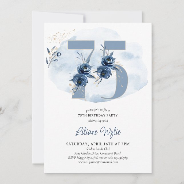 75th Birthday Party Coastal Blue Floral Number 75 Invitation (Front)