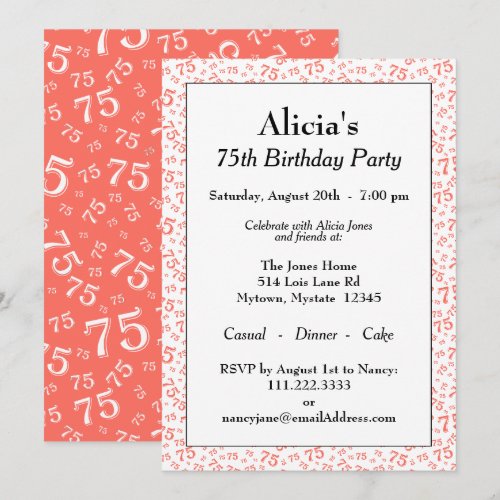 75th Birthday Party Coral/White Number Pattern Invitation