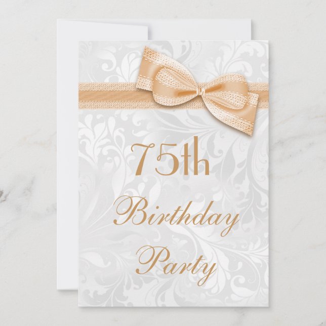 75th Birthday Party Damask and Faux Bow Invitation (Front)