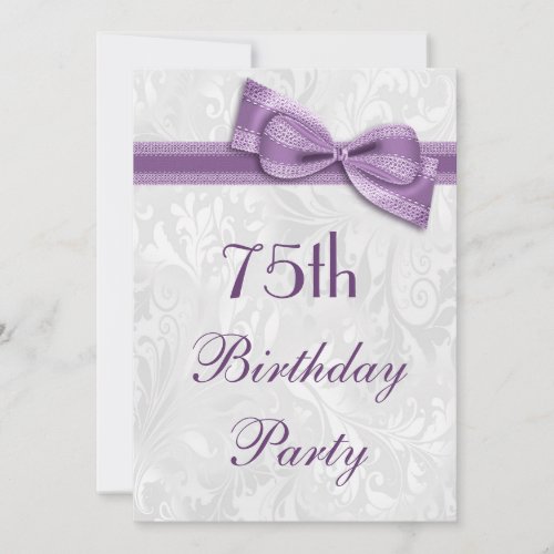 75th Birthday Party Damask and Faux Bow Invitation