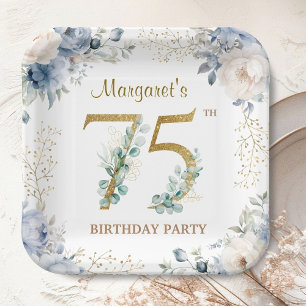 75th Birthday Party Dusty Blue Peony Gold Paper Plates