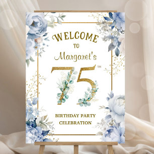 75th Birthday Party Dusty Blue Peony Welcome Sign