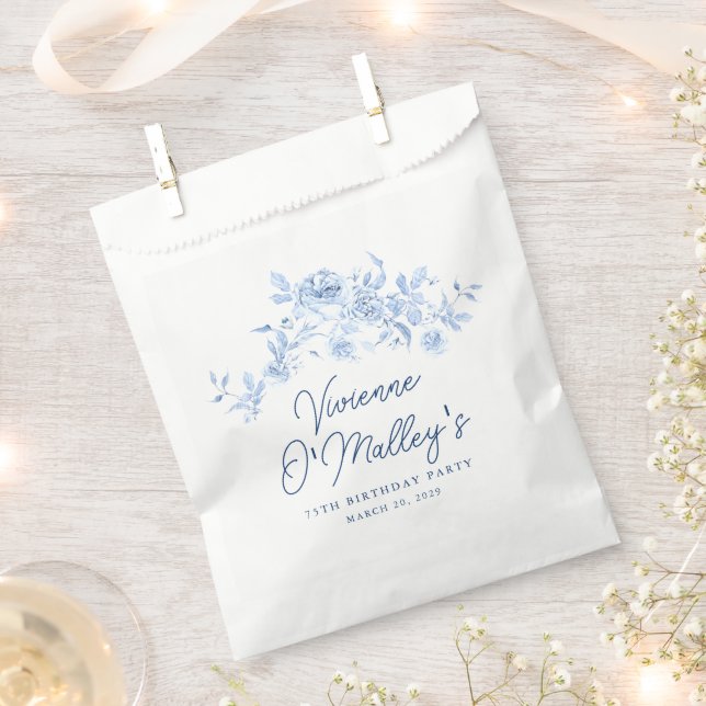 75th Birthday Party Dusty Blue Rose Floral Custom Favor Bag (Clipped)