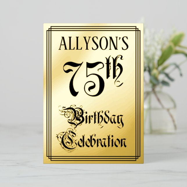 75th Birthday Party — Elegant Script + Custom Name Foil Invitation (Standing Front)