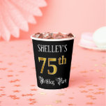 [ Thumbnail: 75th Birthday Party — Fancy Script, Faux Gold Look Paper Cups ]