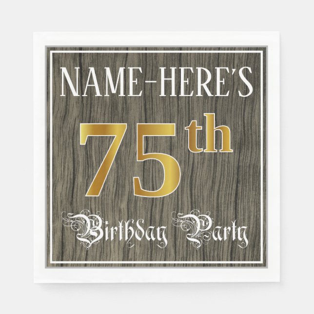 75th Birthday Party — Faux Gold & Faux Wood Looks Napkins (Front)