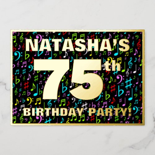 75th Birthday Party  Fun Colorful Music Symbols Foil Invitation