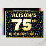 [ Thumbnail: 75th Birthday Party — Fun, Colorful Stars Pattern Invitation ]
