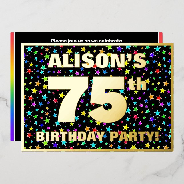 75th Birthday Party — Fun, Colorful Stars Pattern Foil Invitation (Front/Back)