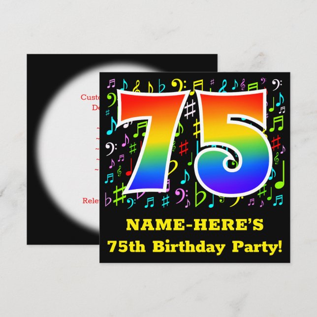 75th Birthday Party: Fun Music Symbols, Rainbow 75 Invitation (Front/Back)