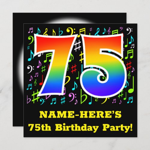 75th Birthday Party Fun Music Symbols Rainbow 75 Invitation