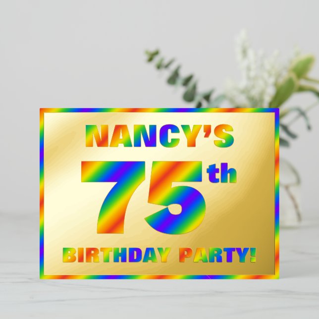 75th Birthday Party — Fun, Rainbow Spectrum “75” Foil Invitation (Standing Front)