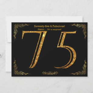 75th Birthday party,Gatsby styl,black gold glitter Invitation