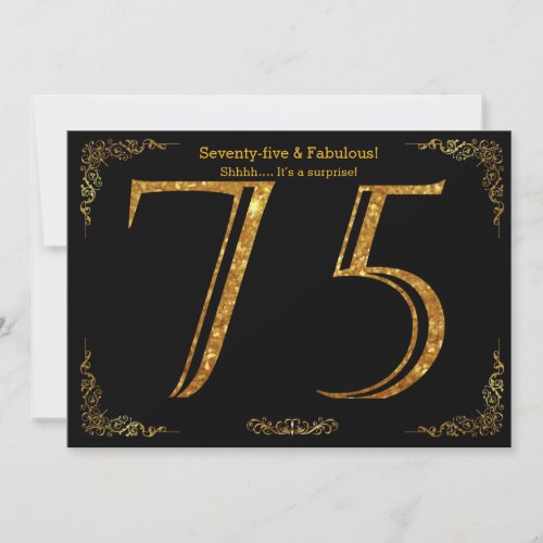 75th Birthday partyGatsby stylblack gold glitter Invitation