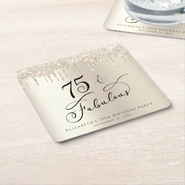 75th Birthday Party Glitter Gold  Square Paper Coaster (Angled)